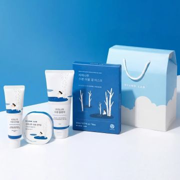 Kit de 4 peças ROUND LAB Birch Juice Moisturizing All Day Care (Protetor solar 50 ml + Sun Cushion 15 g + Gel de limpeza 150 ml + Máscara de gel 10 unidades)
